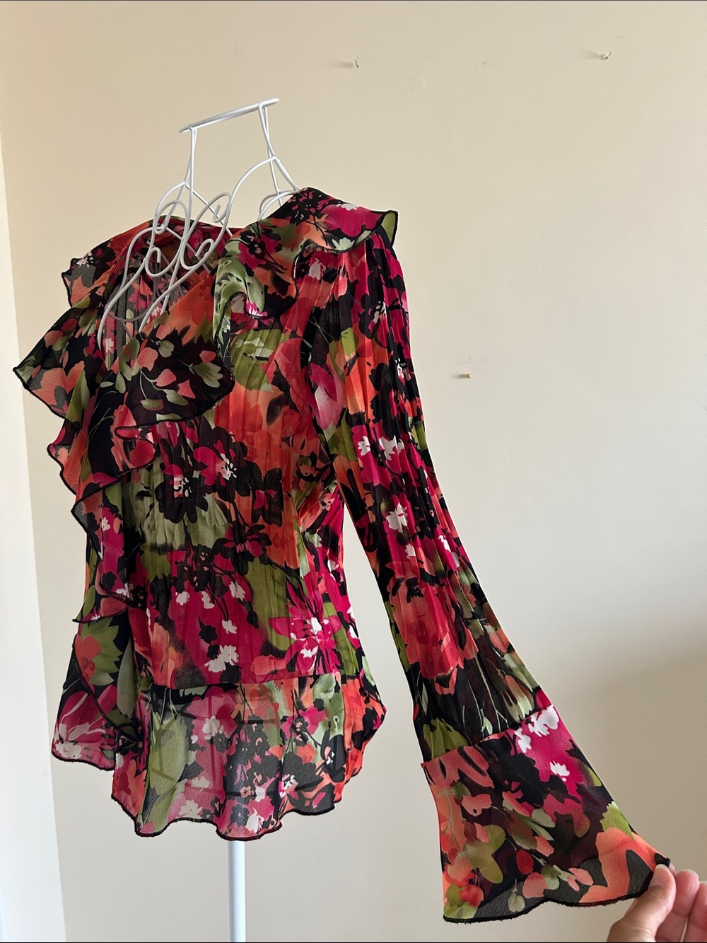 Size M | Allison Taylor | Black Floral Ruffle V-Neck Blouse with Pink & Green - Picture 2 of 11